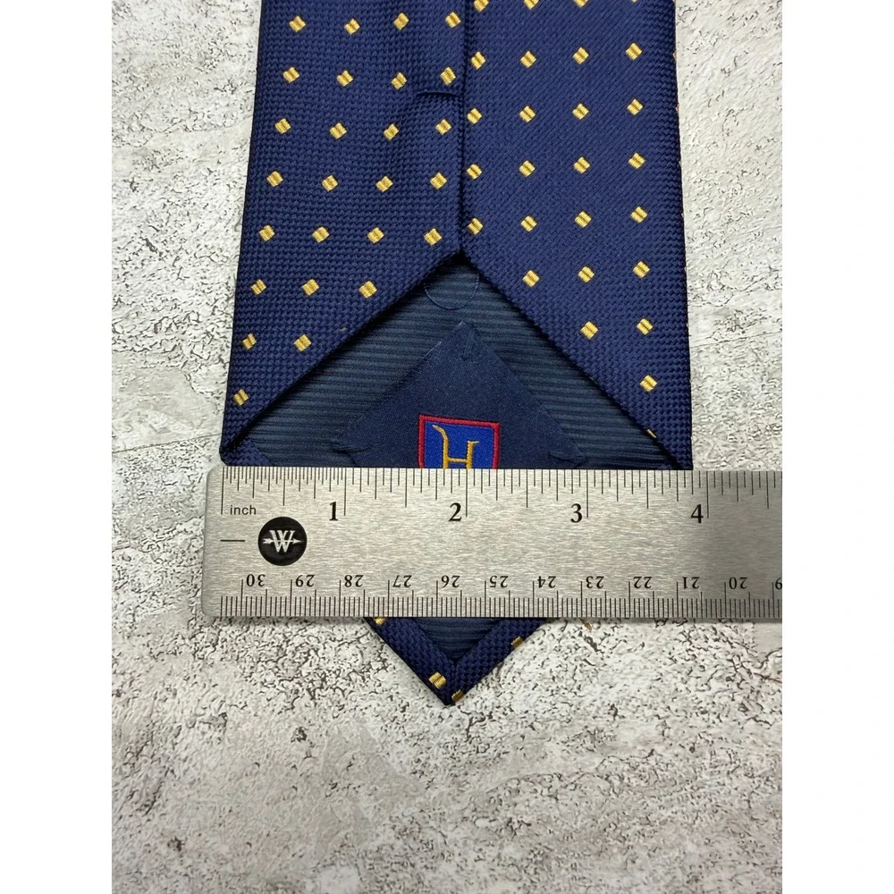 Henry Jacobson Necktie Mens OS Navy Blue Gold Square Geometric Silk